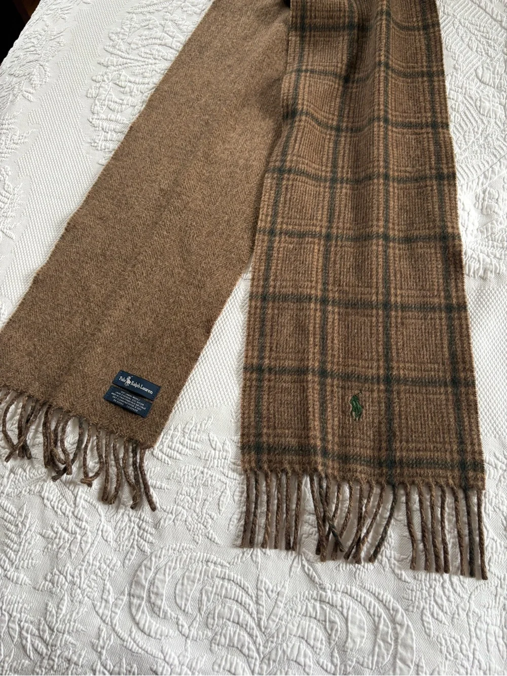 Polo Ralph Lauren lambswool wool plaid reversible scarf unisex fringe brown